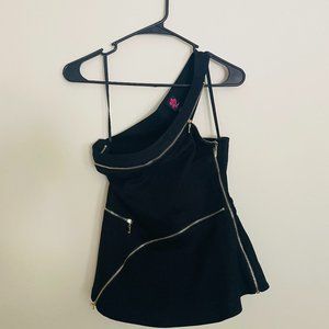 BLACK ONE SHOULDER ZIPPER BEBE TOP
